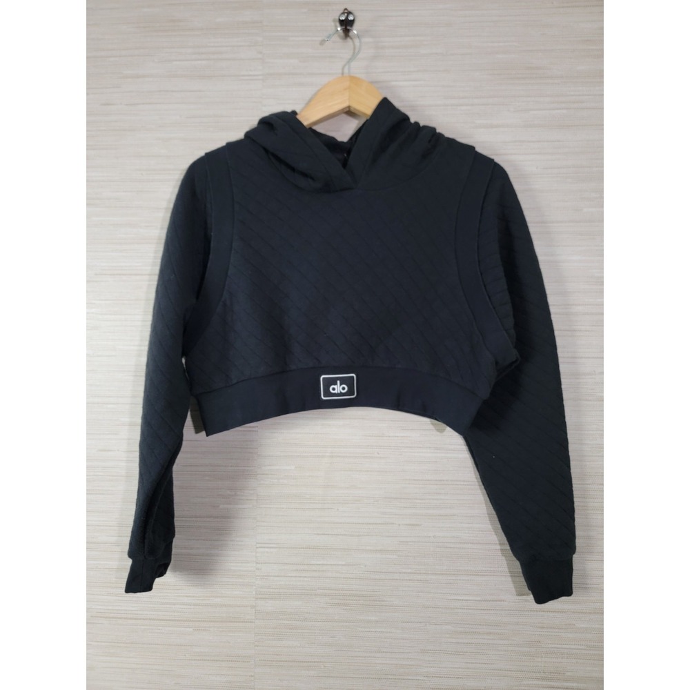 Alo Women's Cropped Hoodie Black Quilted Pullover Long Sleeve Athletic